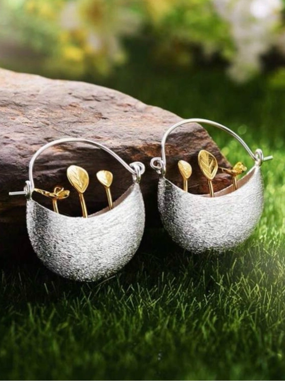 “Sprouts in a Basket” Seedling Butterfly Planter Botany Whimsy Two Tone 3D Hoops - Picture 2 of 11